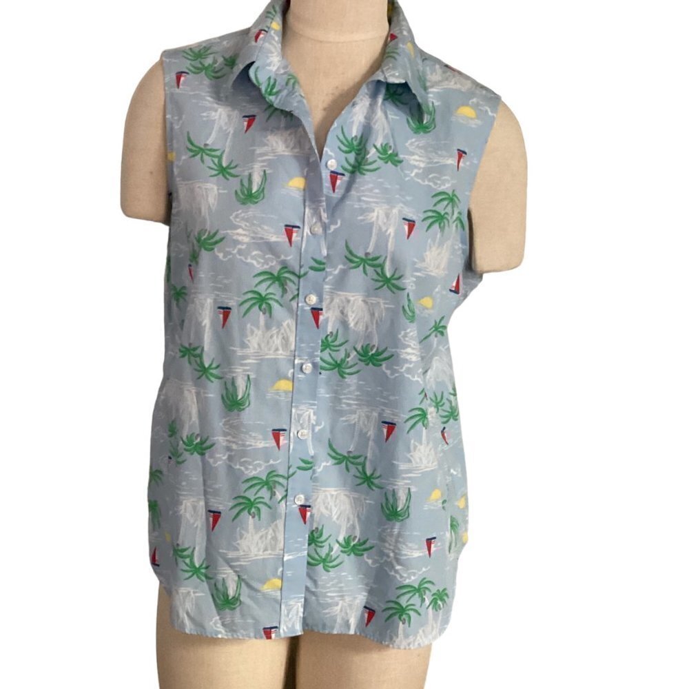 Lands' End Sz 16P Blue Sailboat Palm Tree Print Button Front Sleeveless Top 157A
